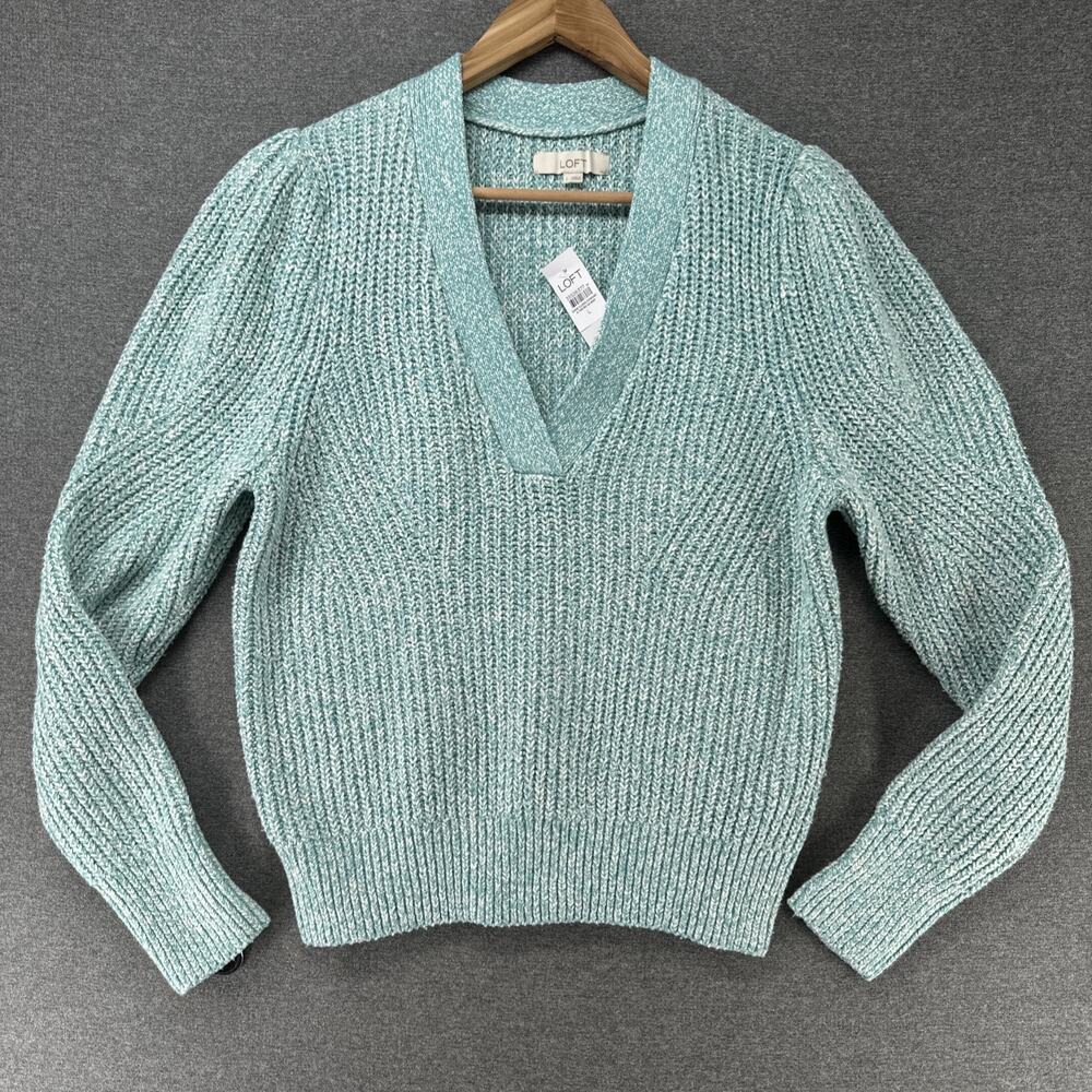 NWT Loft Sweater Womens L Green Ribbed Knit V Neck Princess Puff Sleeve Pullover